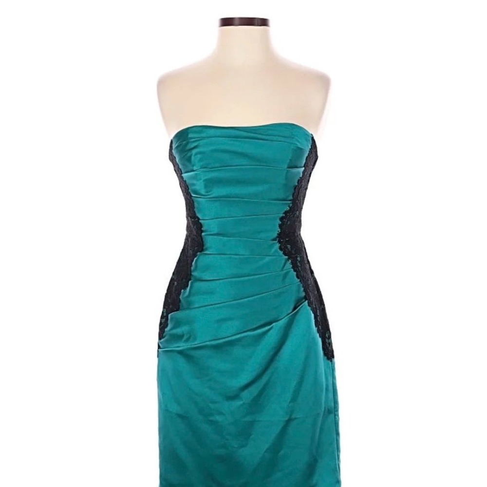 Davids Bridal Teal Satin Strapless Pleated Lace Cocktail Dress F15629 Size 10